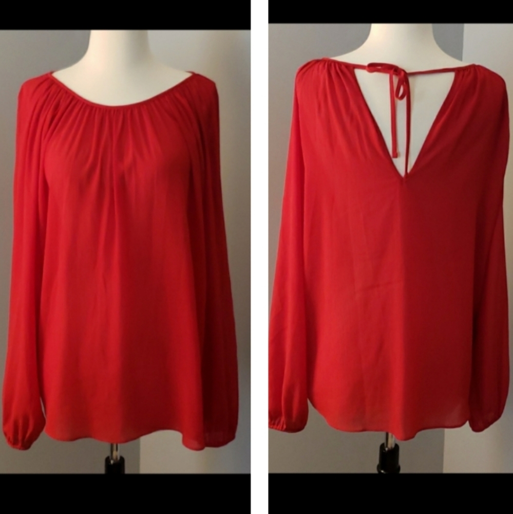 PROLOUGE RED SHIRRED LONG SLEEVE BLOUSE STRING NECK TIE IN BACK SEMI SHEER